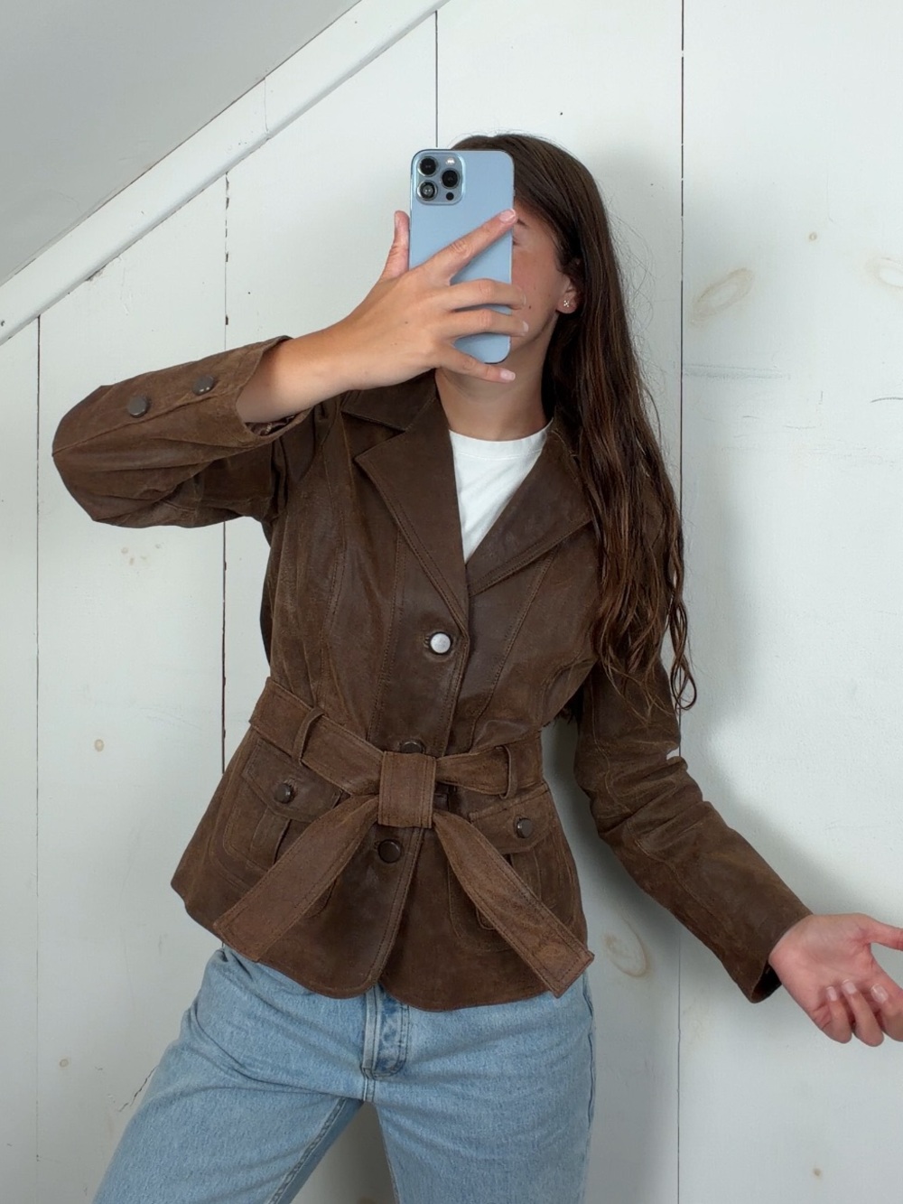 Bradley Brown Leather Button Front Belted Blazer Jacket Women’s XS Vintage Y2K